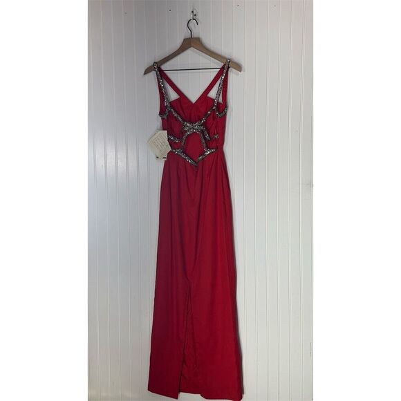 Vintage Sterling by Stone Ferris Red Gown Sz 8 Sequin Trim Open Back Y2K Formal - Picture 2 of 8